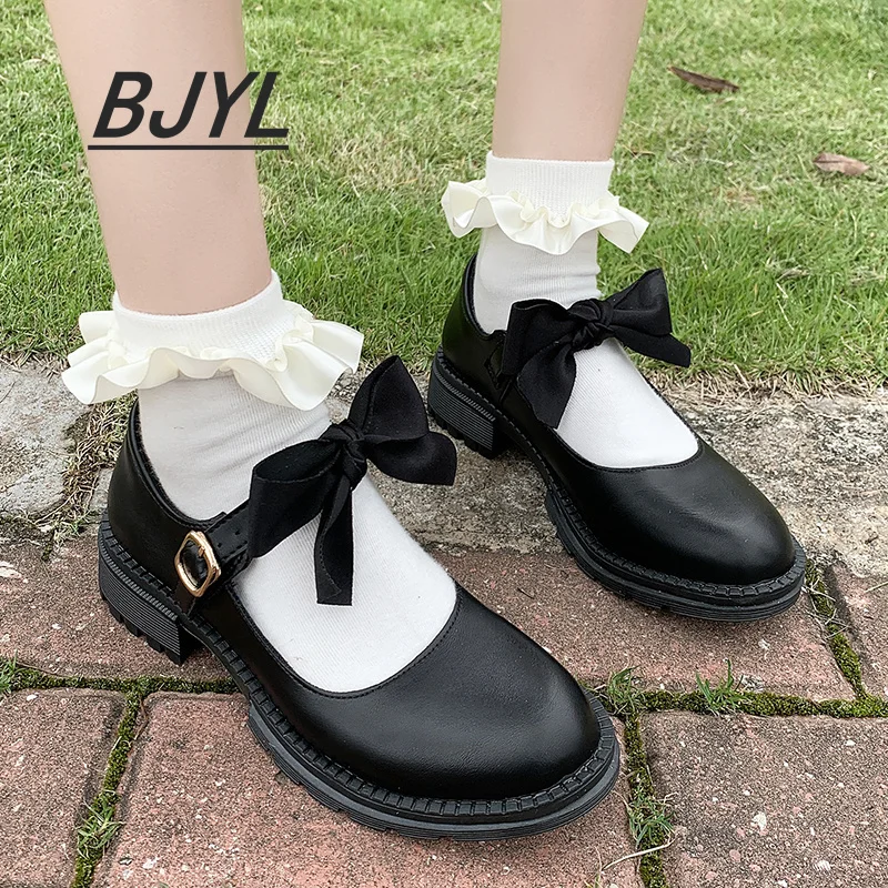 

British Japanese female jk2021 new summer thin bow-knot gentle shallow mouth thick heel single shoes women
