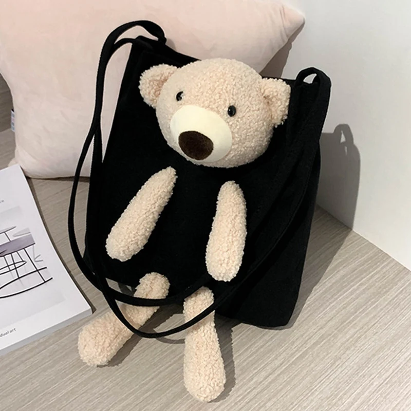 

2 Pcs Fashion Cute Bear Women'S Canvas Shoulder Bag Handbag Casual Cartoon Daily Travel Bag Black & Yellow