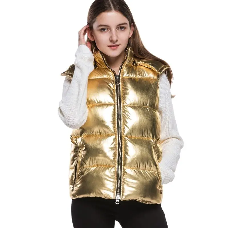 

Shiny Winter Women Cotton Vest Jacket Girl's Waistcoat NEW Autumn Vest Coat Female Thicken Warm Streetwear 2019 Fashion GOLD
