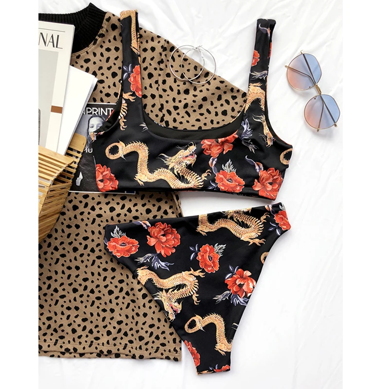 

Fors Bandeau sport bikini set Dragon floral print swimsuit female Vintage high waist swimwear women High cut bathing suit 2020