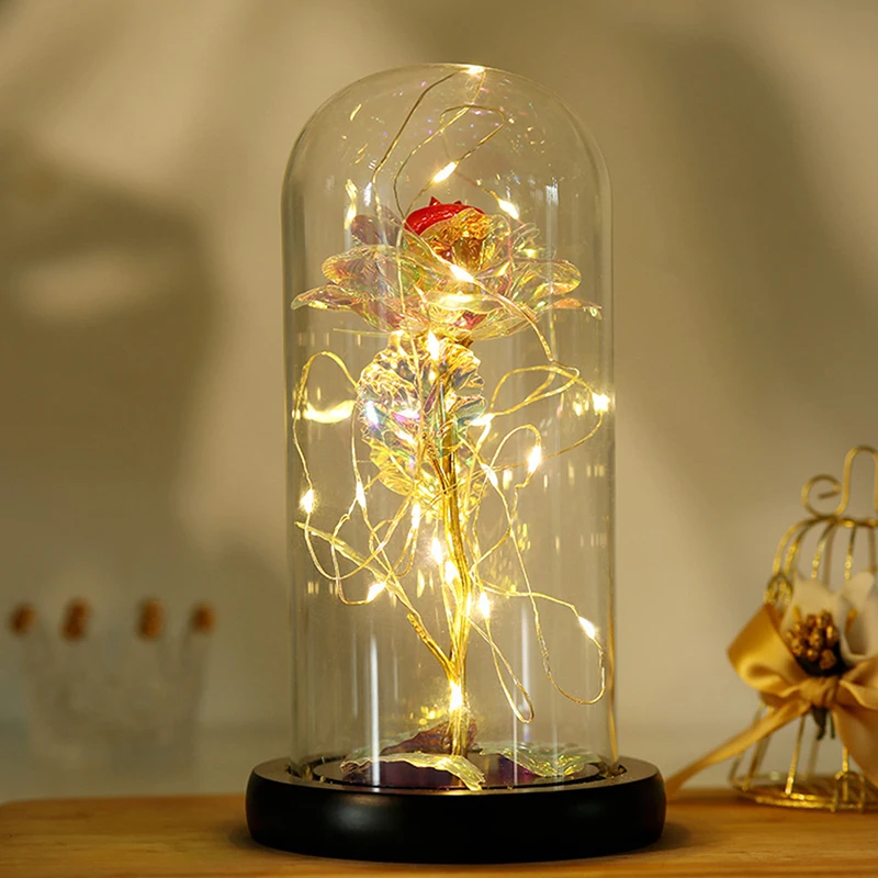 

Gold Leaf Rose Glass Cover LED Night Light Valentine's Day Gifts Gold Color Velvet With Lights Strung The Glass Christmas