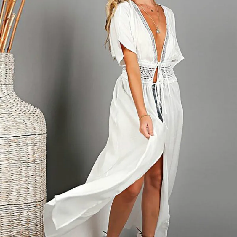 

Solid Color Short Sleeve Blouse Cover Up Woman Dresses for The Beach Cotton on Vacation Sexy Bikini Sunscreen Coat 2019 Summer