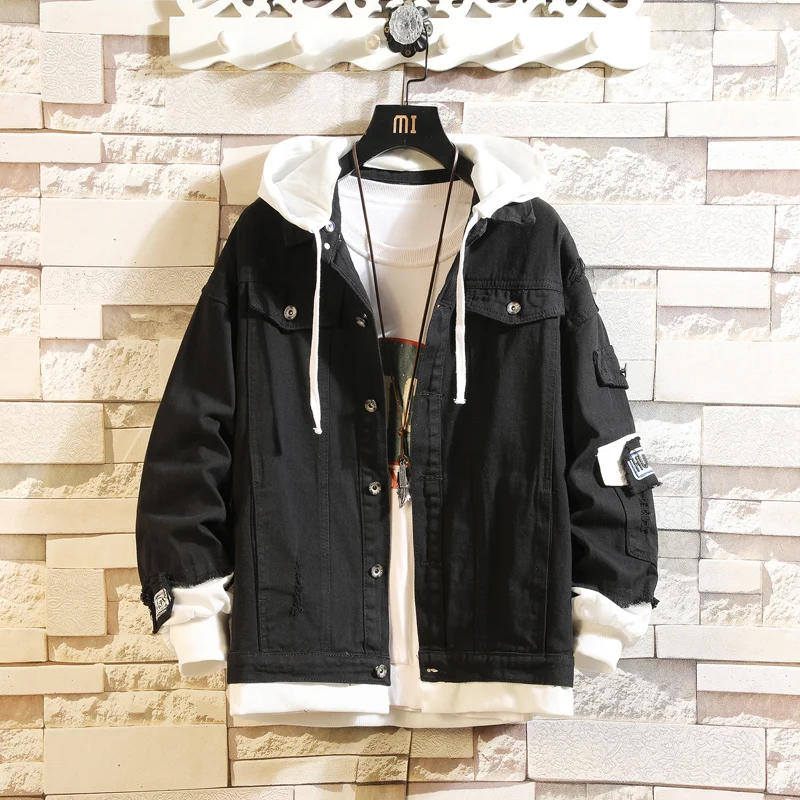 

2021 Pink Black Green Jeans Jacket Men Slim Streetwear Ripped Denim Jacket Hoodie Men Hip Hop Bomber Jacket Homme Spring Autumn