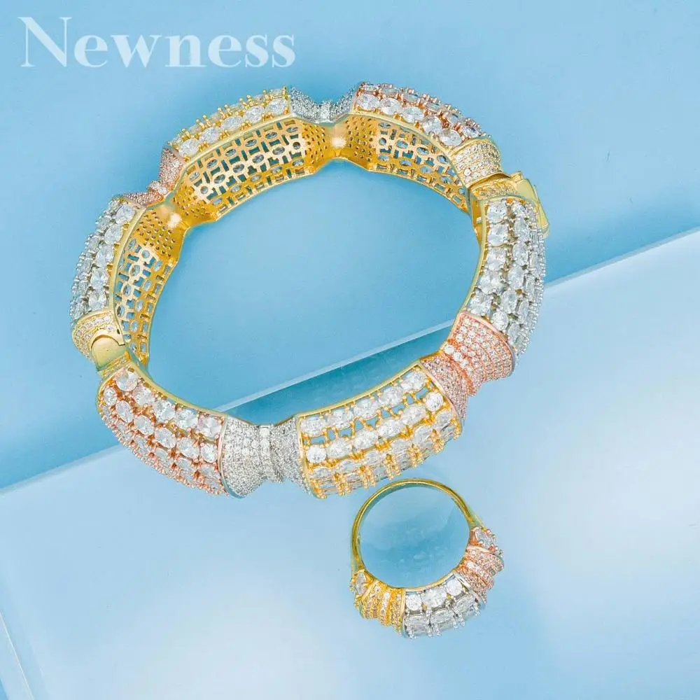 

Newness Luxury Big Delicate Bangle Ring Set For Women Full Micro Cubic Zircon Pave Party Wedding Saudi Arabic Dubai Jewelry S