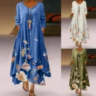 Летние женские повседневные Длинные Платья с цветочным принтом, платье с круглым вырезом и длинным рукавом, асимметричные свободные платья для женщин
