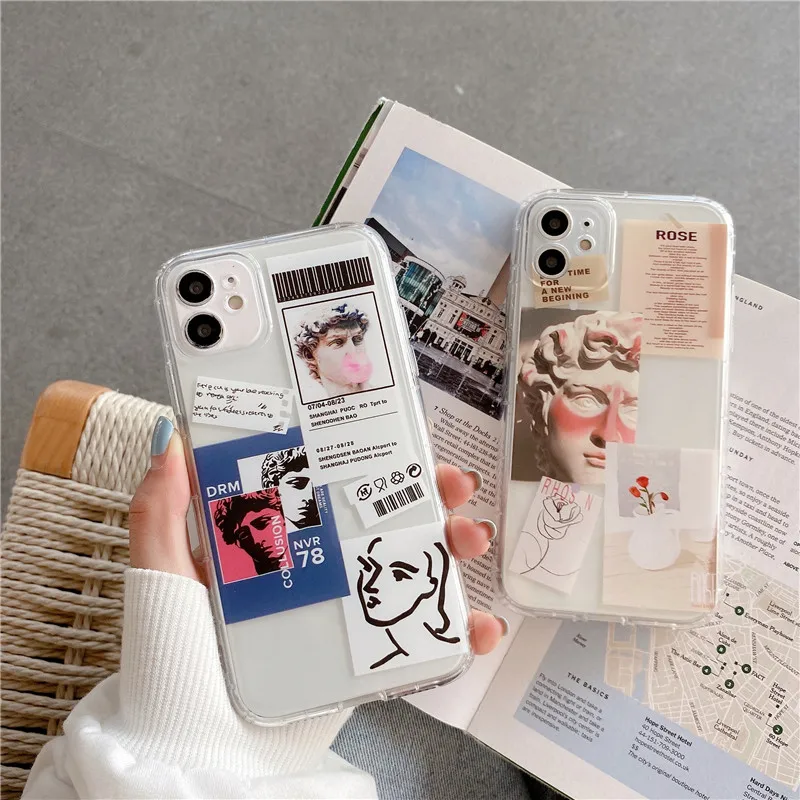 

New David statue Funny Bar Label QR code soft Silicon Phone Case For iPhone 13 12 11 Pro Xs MAX XR X 7 8 plus back Cover coque