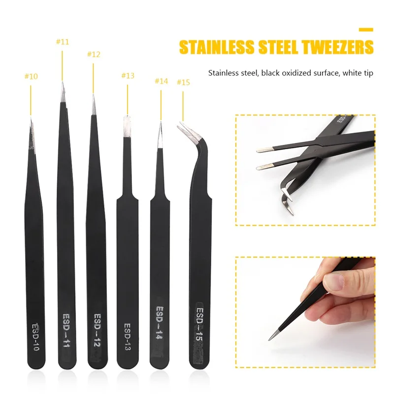 6Pcs Anti-static Stainless Steel Tweezers For Picking Up Gems Maintenance Tools Industrial Precision Curved Straight | Инструменты