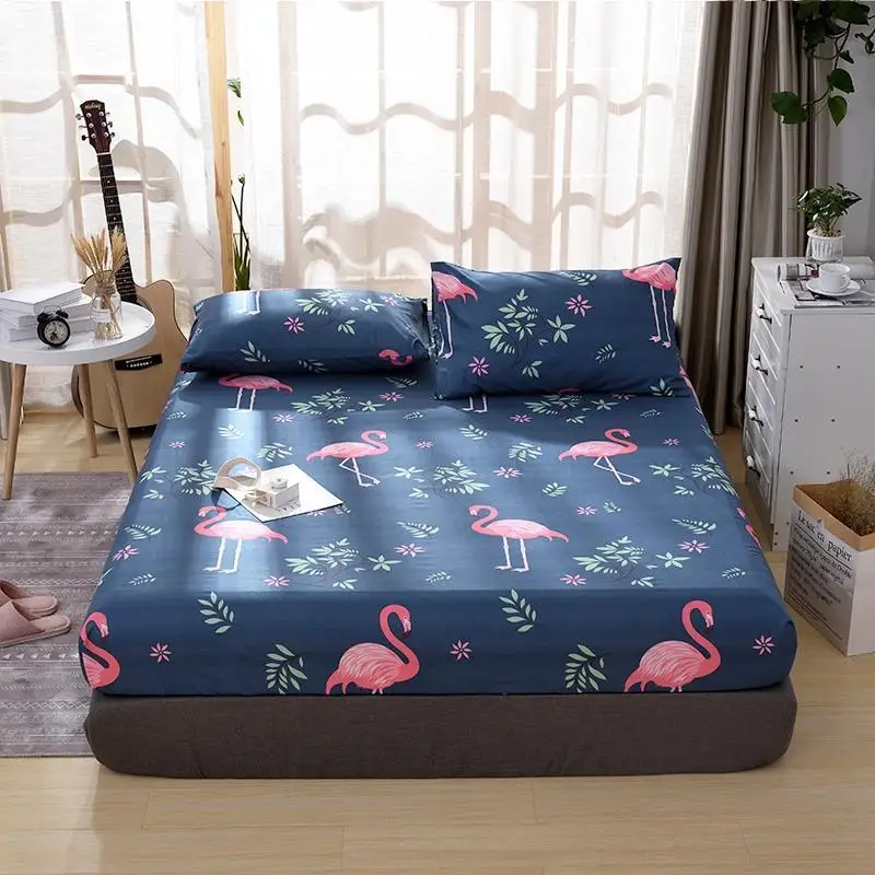 

3pcs Bed Sheet With Pillowcase Blue Flower Printed Bed Linen Queen Mattress Covers Fitted Sheet Sets With Elastic For King Size