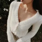 Пушистый белый Укороченный кардиган, Женский кавайный свитер, вязаный укороченный топ, свитер, корейский Повседневный женский свитер с длинным рукавом, осень 2020