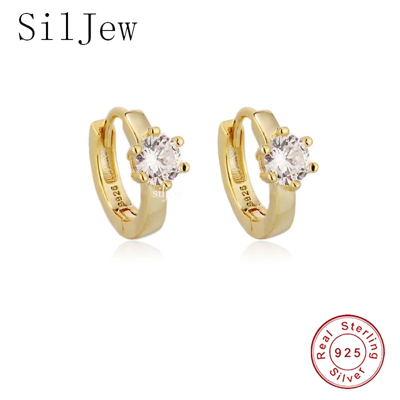 

SilJew 925 Sterling Silver Gold One Zircon Charm Hoop Piercing Loops Rock Punk Gift Pendiente Luxury Jewels Clips Huggies Aretes