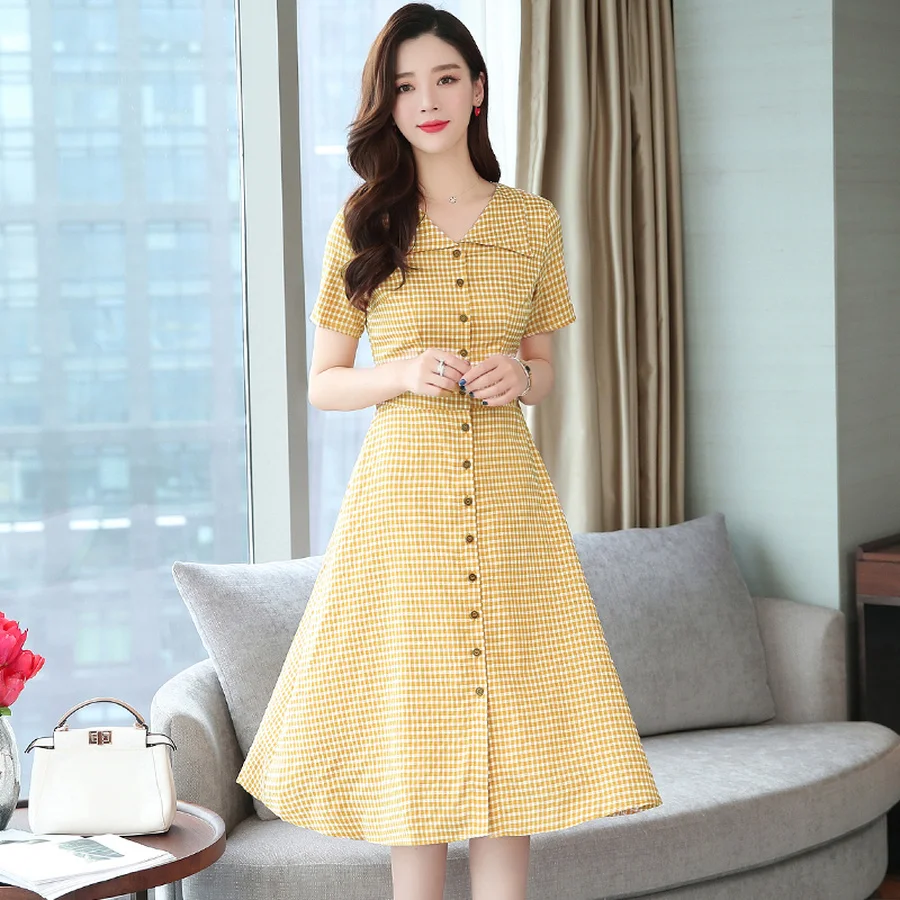 2021 Новый размера плюс шик желтые миди платья летнее платье в Корейском стиле