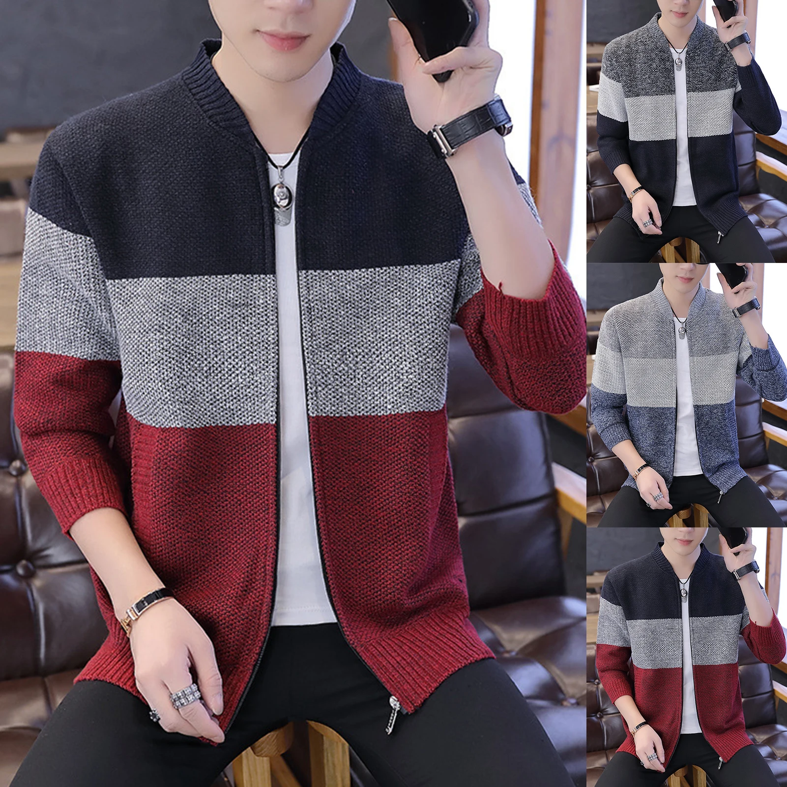 

Autumn Men Long Sleeve Knitted Sweater Thick Warm Color Block Zip Jacket Coat