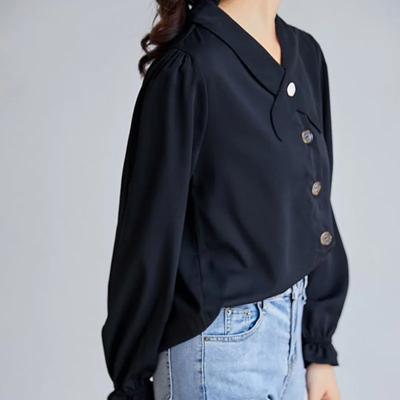 

Female Shirts for Women 2020 Long-Sleeved Chiffon Blouse Ladies Tops Button Solid Bow Flare Sleeve Korean Fashion Clothing 0843