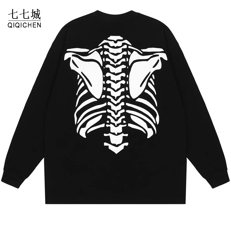 

Hip Hop Sweatshirt Men Skeleton Skull Print Pullover Women Streetwear Harajuku Casual Oversized Letter Print Tops 2021 Unisex