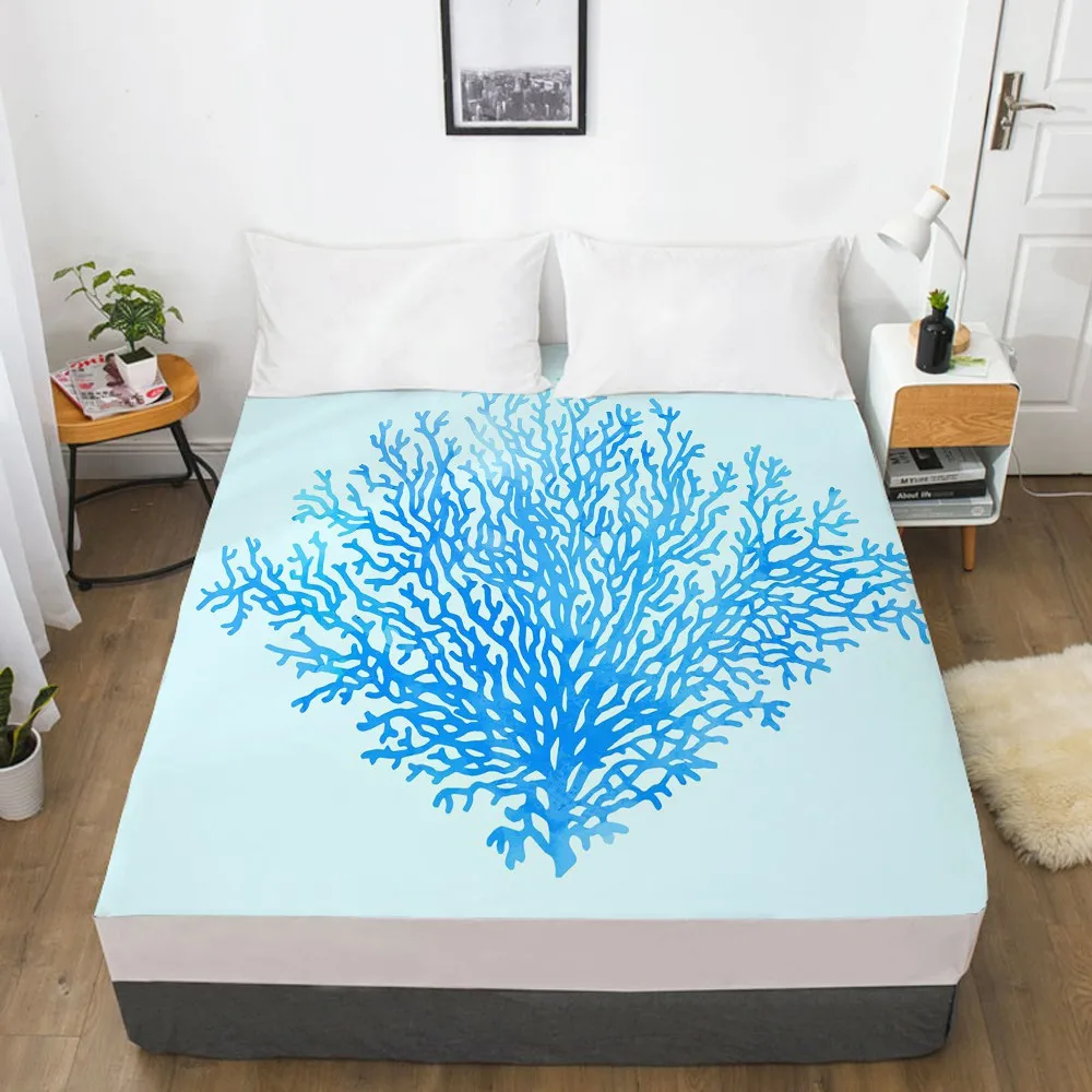 

3D Printed Ocean Style Bule Coral Soft Fitted sheet With Elastic Band solid Bed Sheet Cover-Wrinkle Abrasion Resistant Sheets