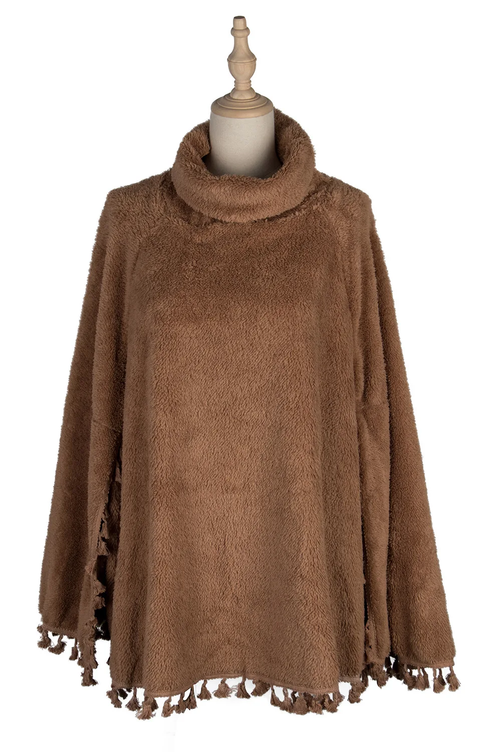 

New Winter Fashion Turtleneck Tassel Hem Cape Long Sleeve Sweater Ladies Casual Plush Cape Solid Color Slim Women Street Sweater