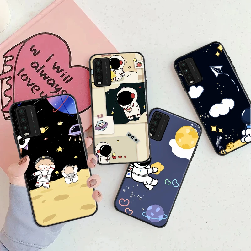

Cute Fuuny Astronaut Space Square Silicone Case For Xiaomi Redmi 9 9i 9AT 9T 9A 9C Note 9 9T 9S 9 Pro Max Cartoon Black Cover