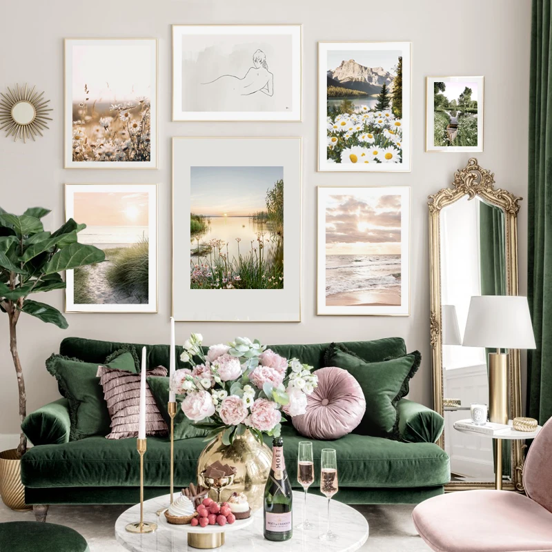 

Sunset Lake Seaside Idyllic Natural Scenerye Wall Art Canvas Painting Print Nordic Landscape Poster Picture Living Room Decor