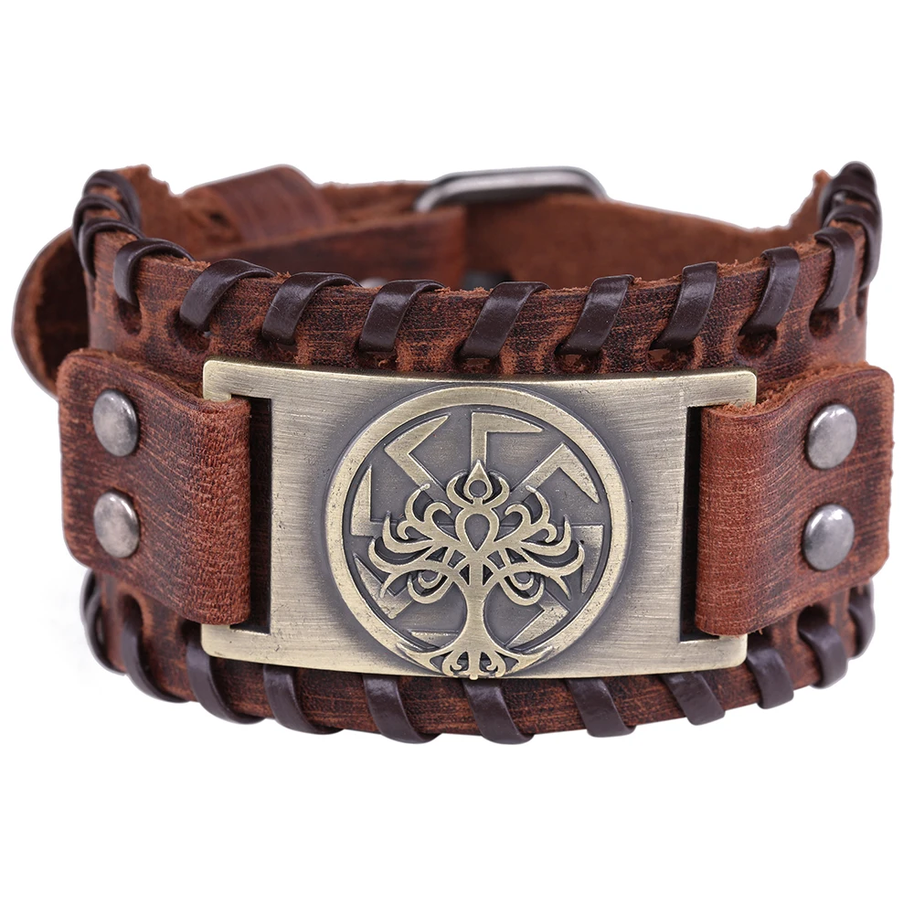 wide brown-bronze Skyrim Viking славянский Коловрат мир браслет с деревом для мужчин Древо жизни Yggdrasil солнце колесо языческий амулет ювелирные изделия панк нео-Готика - Окраска металла: wide brown-bronze