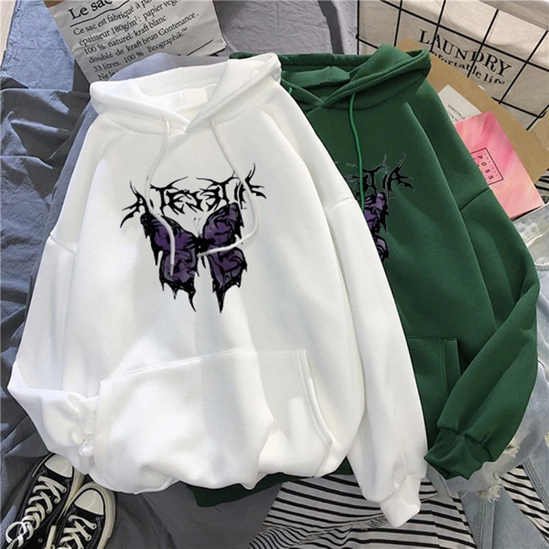 Winter Casual Oversized hoodie Harajuku goth aesthetics Butterfly print Kawaii Streetwear Zipper Y2K Women sweetshirts Loose Top