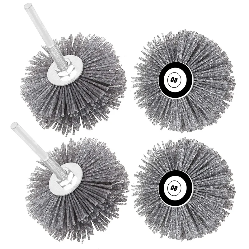 

4 Pack 80 Abrasive Nylon Wheel Brush 80mm Dia 6mm Threaded Shank Polishing Grinding Head Rotary Tool for Wood Polishing