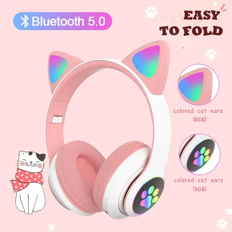 

Flash Light Cute Cat Ears Wireless Headphone with Mic Can control LED Kid Girl Stereo Music Helmet Phone Bluetooth Headset Gift