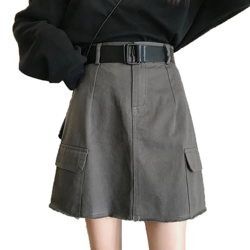 

high waist cotton women skirts 2020 summer new solid pocket knee-length casual all match female skirts