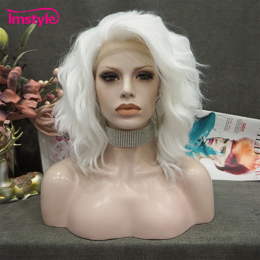 Imstyle Short Wig White Synthetic Lace Front Wig Deep Wave Lace Wigs For Women Heat Resistant Fiber Cosplay Wigs For Women