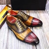 handmade mens dress shoes 100 calf leather cap toe oxford mixed colors lace up luxury brogue wedding party formal shoes for men