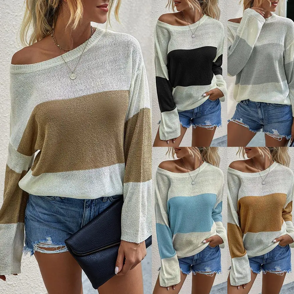 

Fashion Women Autumn Long Sleeve Color Block Thin Sweater Loose Blouse Jumpers