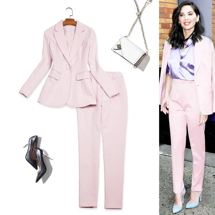 Spring Autumn High Quality Pant Suits For Women Work Office Ladies Formal Business Wear Blue Pink Luxury Brand Blazer Pants Set