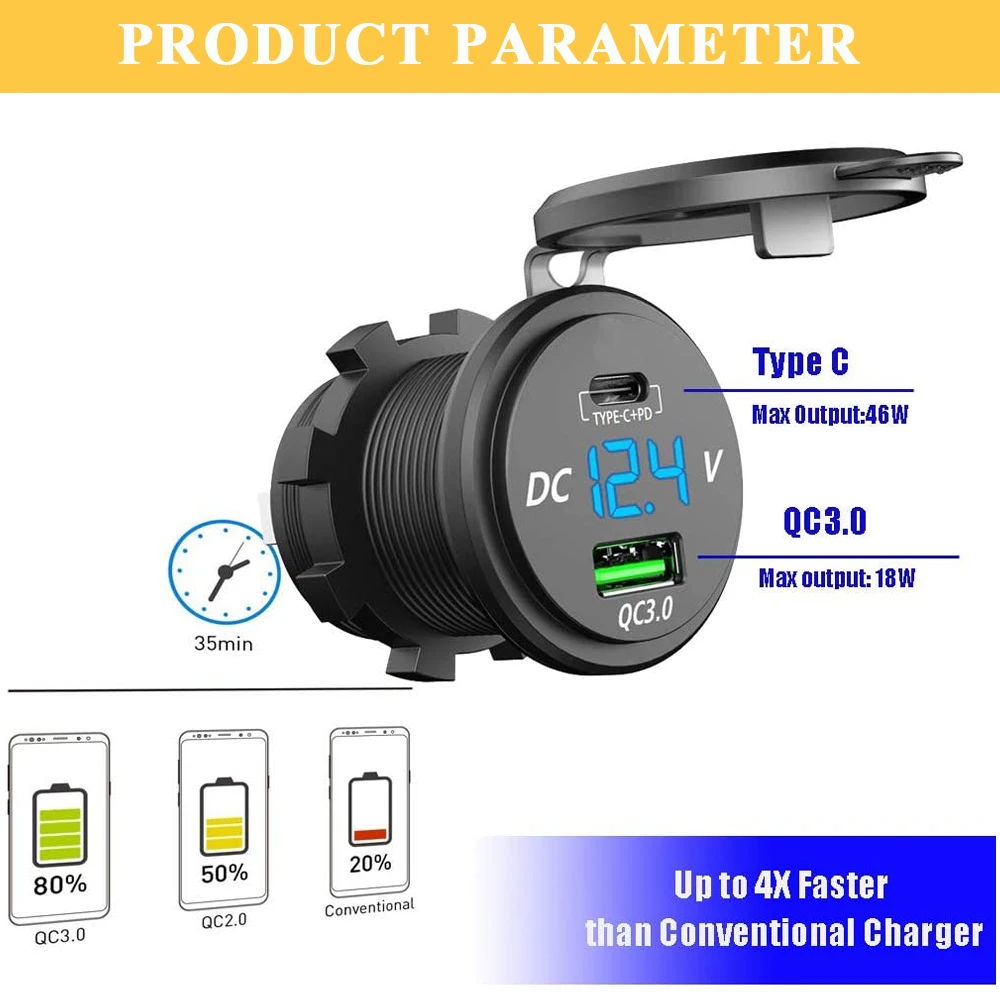 LYKAS Car USB PD Charger 12V - High-Speed Dual USB Type C Charger with LED Voltage Meter Universal for Truck Boat Motorcycle, Quick Charge 3.0 Compatible image 2