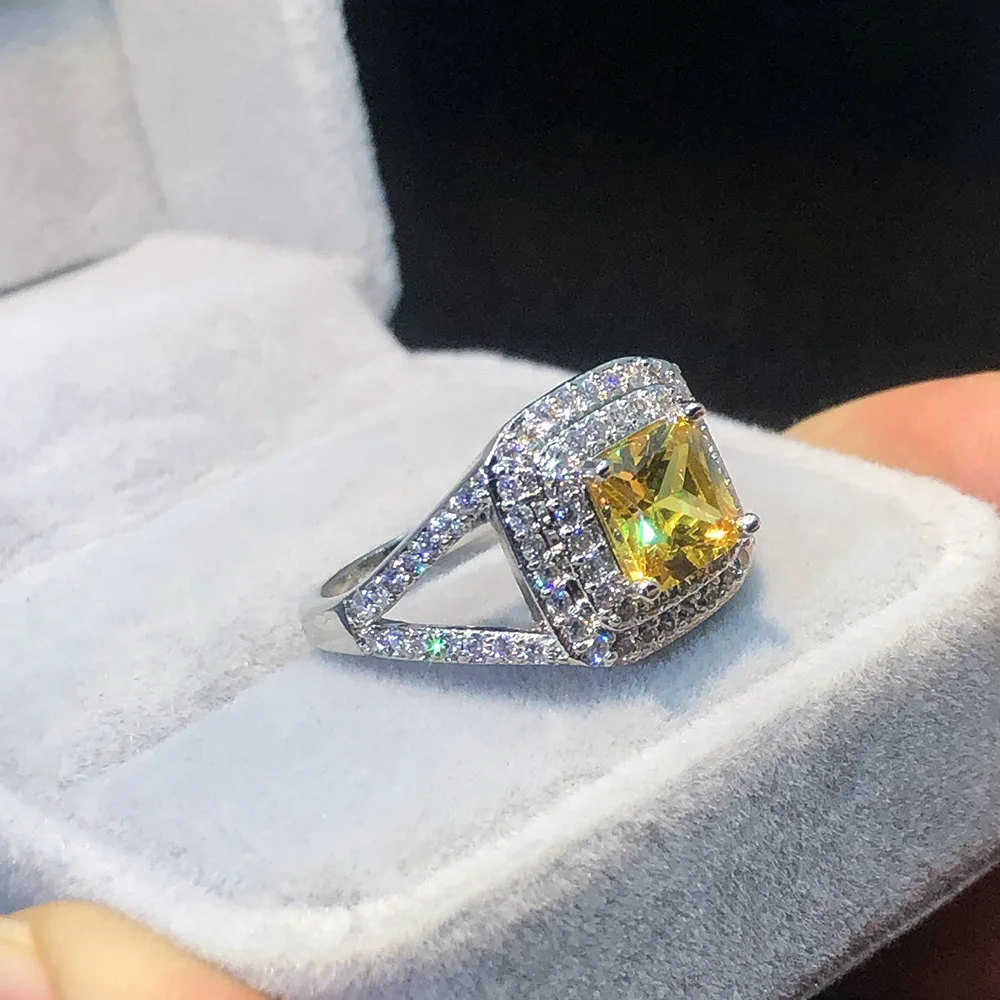 

Big Yellow Bling ZIrcon Stone Silver Color Rings for Women Fashion Jewelry Trend Wedding Engagement Rings 2021