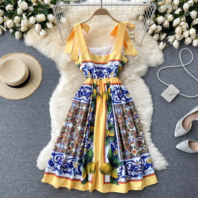 

Summer Women's Clothing 2021 Fashion New Runway Designer Spaghetti Strap Print Vintage Holiday Dress Backless Sexy Party Vestido