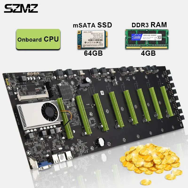 Billig SZMZ Bergbau Motherboard 8 GPU 55mm (2,17 In) Abstand Mit CPU + 64GB MSATA SDD + 8GB DDR3 RAM Mineradora Eth Bergbau Basis Platte
