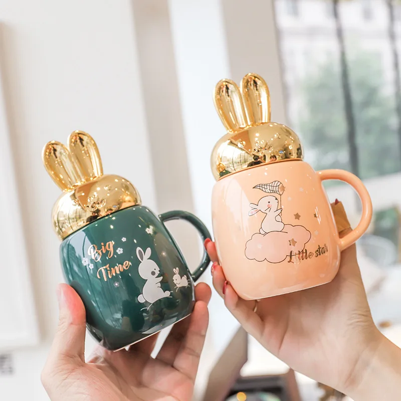 

Cartoon Rabbit Ear Ceramic Cup Gold Painted Small Refreshing Big Belly Mug Office Tea Coffee Mug