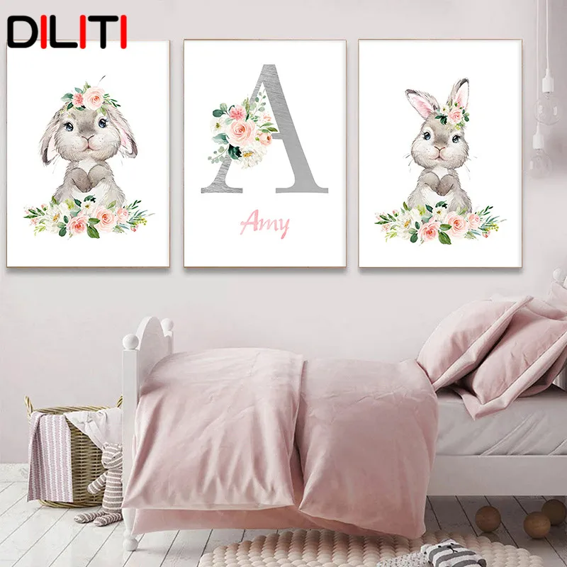 

Kawaii Bunny Custom Baby Name Canvas Poster Print Personalized Baby Girl Bedroom Wall Art Rabbit Painting Pictures Decor