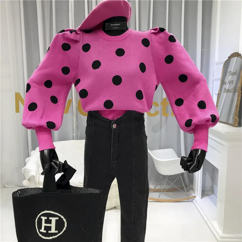 Женское платье-свитер ALPHALMODA в горошек с круглым вырезом рукавами-пузырьками на