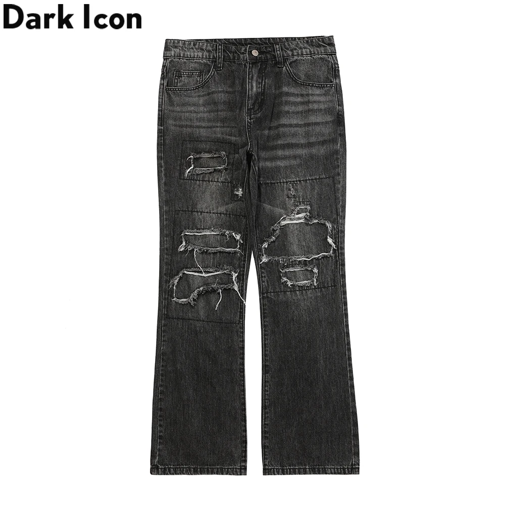 

Dark Icon Ripped Patchwork Flare Jeans Men Street Fashion Men's Denim Pants Blue Black