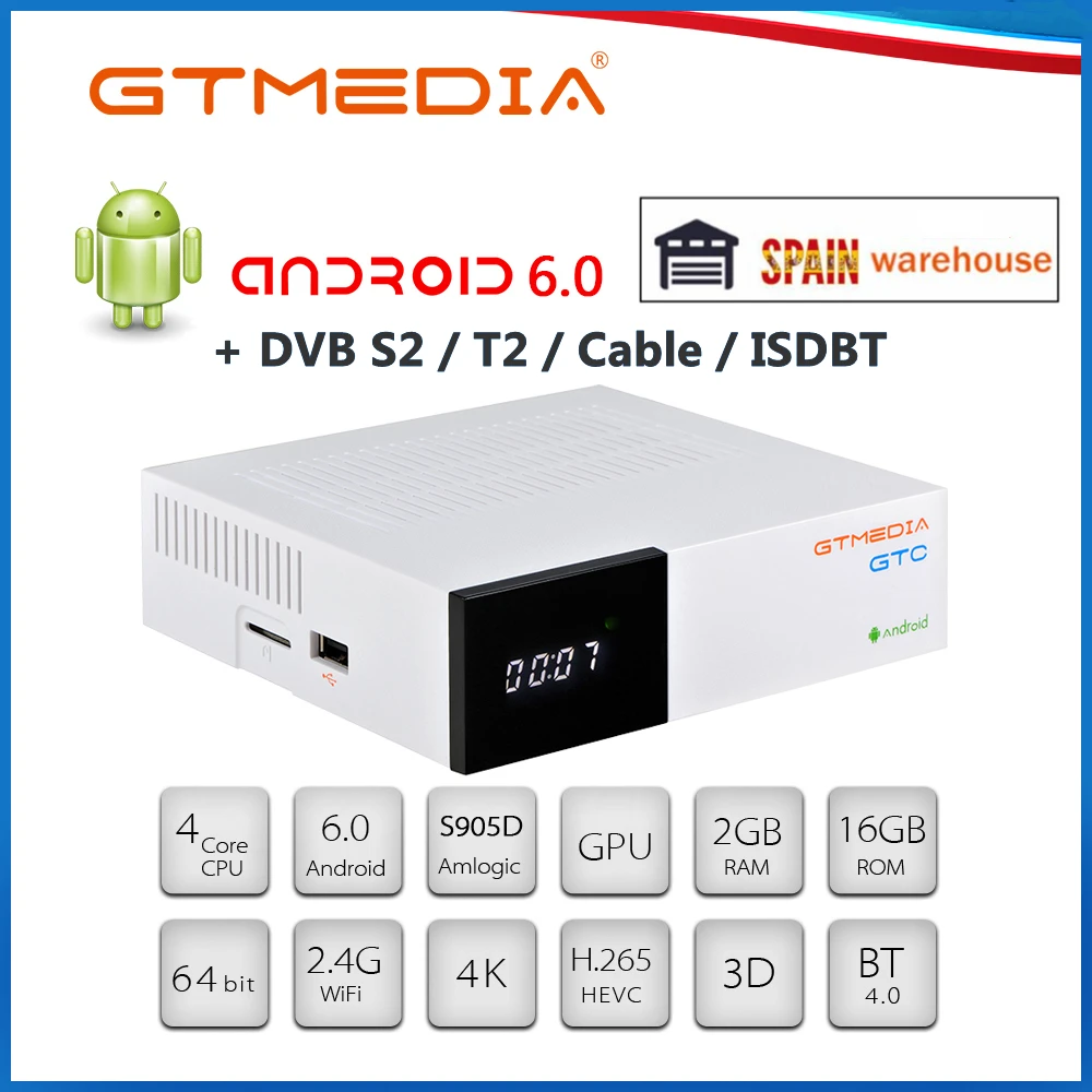 

GTMEDIA GTC Smart TV Box DVB-S2/T2/Cable WiFi 3D 4K H.265Network Media Player ACM Built in 2.4G WiFi Android TV Box PK GTS