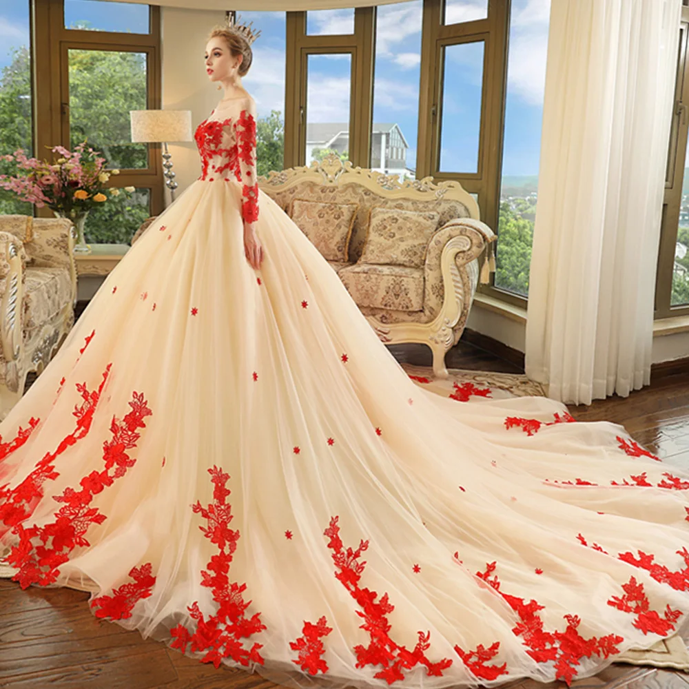 Роскошные бальные Свадебные платья с часовым шлейфом Vestido De Noiva Princesa красный орнамент жемчуг длинный рукав платье невесты