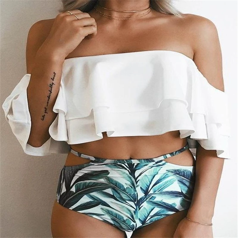 

Размера плюс купальник 2021 Новое поступление милые двойные гофрированные принта на ремне с высокой талией сексуальные купальники для женщи...