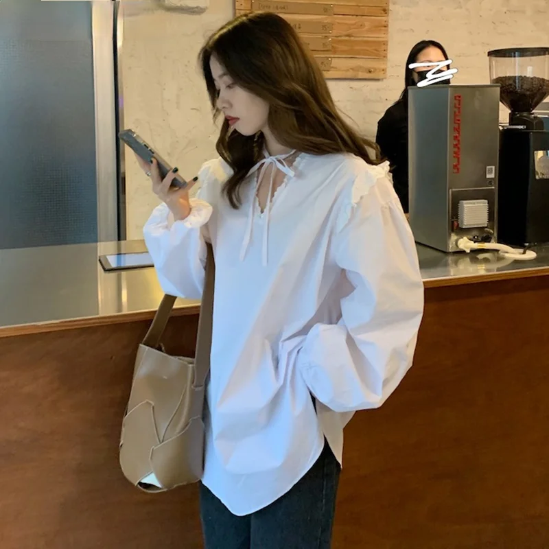 

2021 Causal Lace Up V-neck Womens Tops Ruffle Long Sleeve Korean Solid Blusas Mujer New Pullover Blouse Shirt