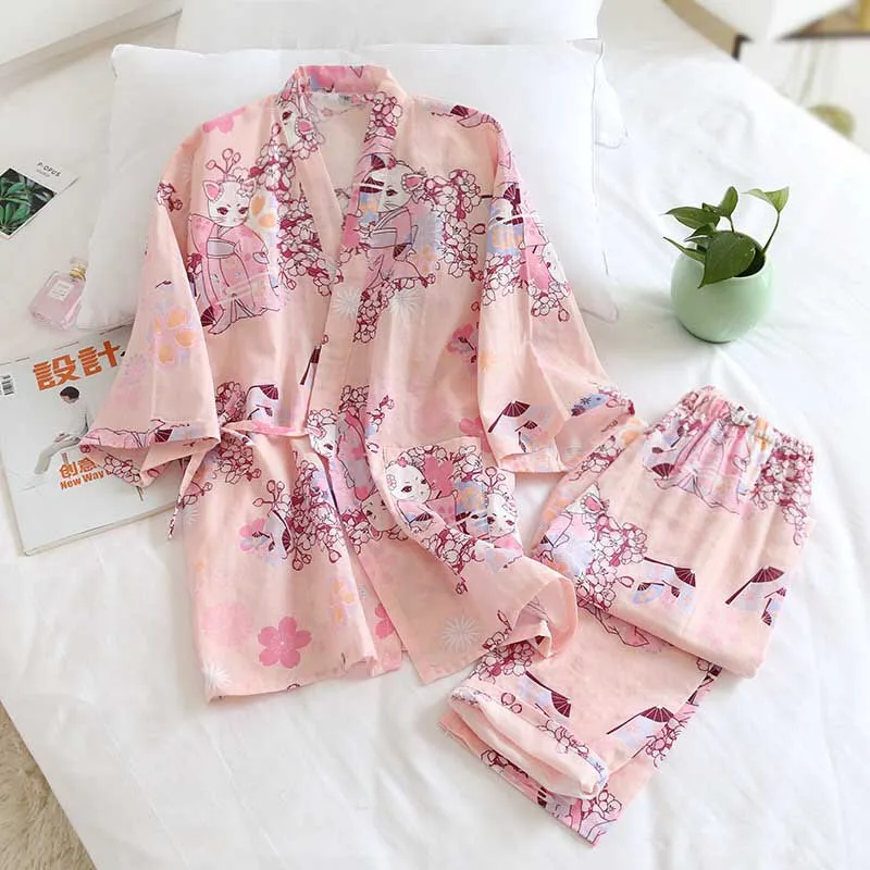 Женский пижамный комплект Kinomo с милым принтом кошки комфортная газовая