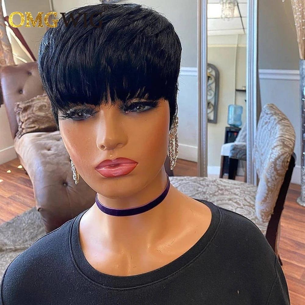 Short Straight Honey Blonde Color Bob Pixie Cut Wavy Non Lace Human Hair OMG Wig With Bangs For Black Women Remy Brazilian | Шиньоны и