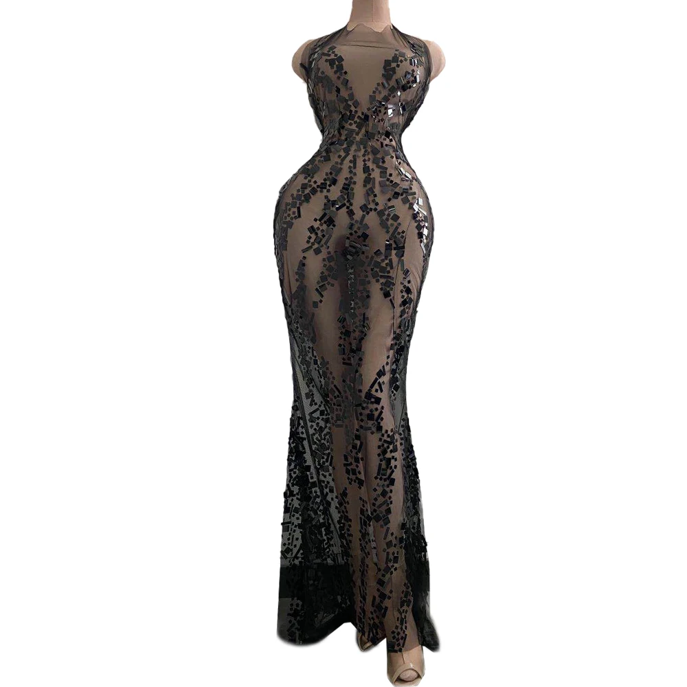Сетчатое прозрачное длинное платье с блестками женские сексуальные вечерние