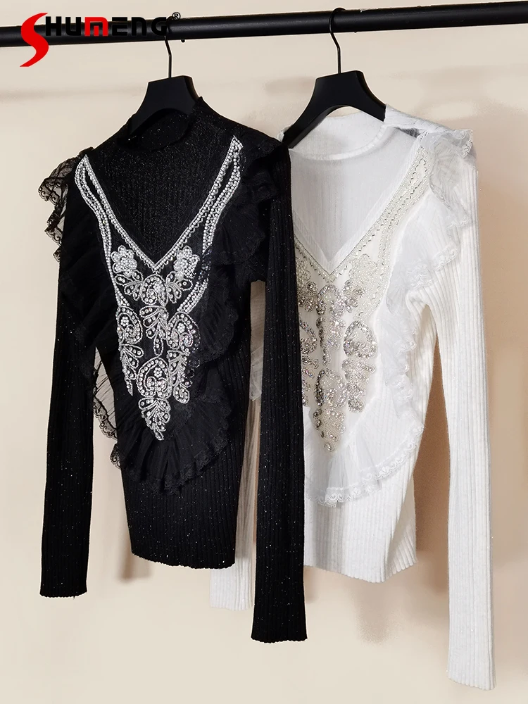 

2022 Spring New Women's Flower Beads Mesh Ruffles Slim Sweater Shirt Graceful Women Rhinestone Pullover Sweaters Dropshipping