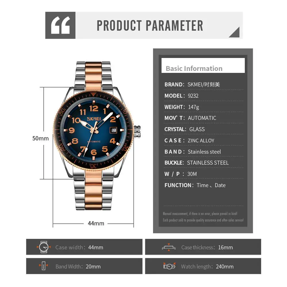 

SKMEI Business Automatic Men Watch Date Time Mens Mechanical Wristwatches Luminous Waterproof Male Watch reloj hombre 9232