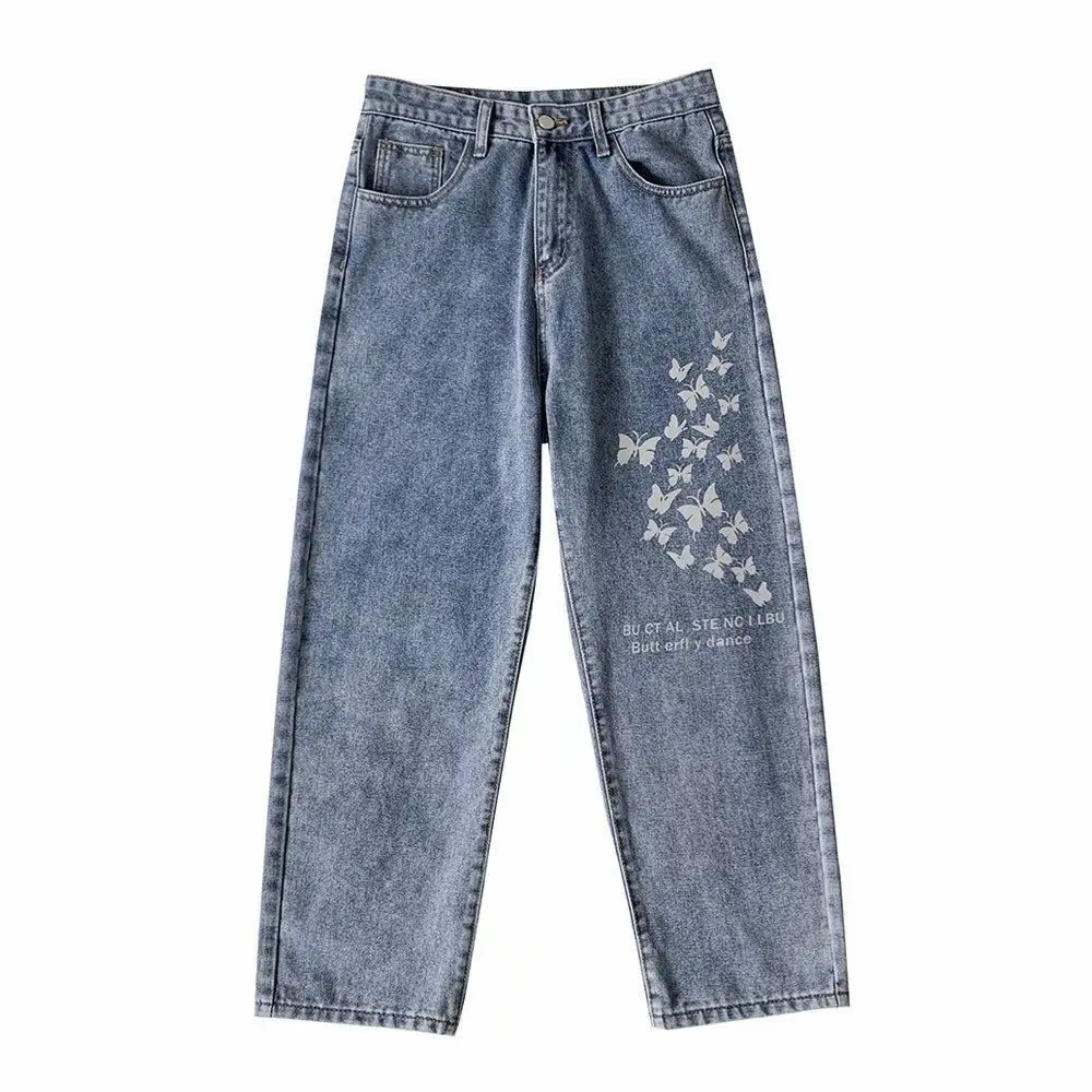 

Reflective Butterfly Print Loose Straight Jeans Men's Brand Pants