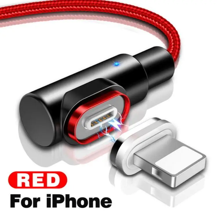 90 градусов Магнитный кабель для быстрой зарядки Micro USB для iPhone X XS XR 7 8 samsung просо type C USB кабель светодиодный магнитный кабель для зарядки - Тип штекера: Red